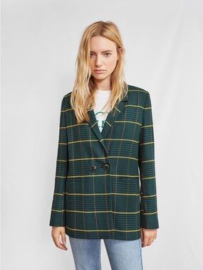 Anine Bing Madeleine Blazer - Women’s Green Plaid Double-Breasted Blazer, Size M